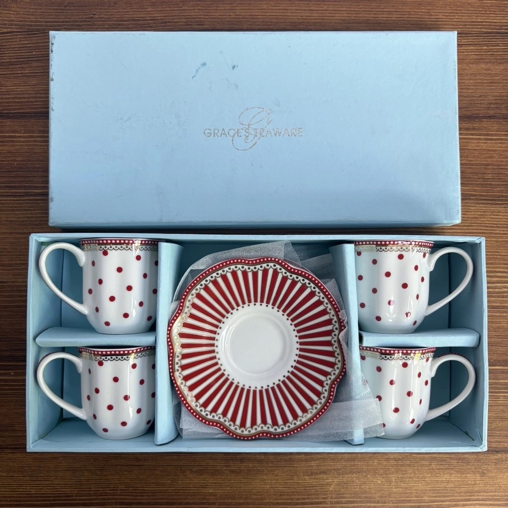 Grace's Teaware 4 Tea Cups & Saucers Red Polka Dot Porcelain Boxed Set